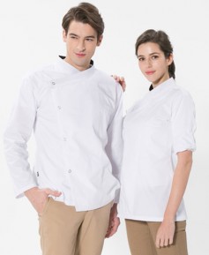 SKO-150 화이트 슬립 스넵단추 조리복 (긴팔/반팔겸용)