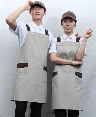SAP-740  베이지/커피 배색 앞치마  (면혼방)