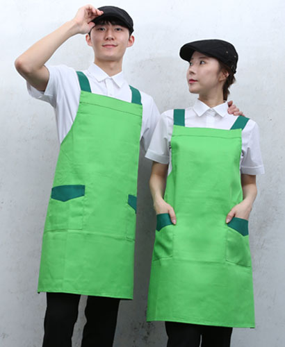 SAP-736 연두 어깨끈 배색 앞치마ㅡㅡㅡ ◐면혼방◑
