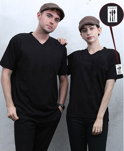 ST-6400  V넥 검정 왼팔 쉐프마크인쇄