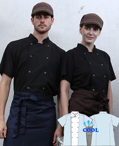 SKO-3421 블랙 투버튼 쿨매쉬 반팔 조리복