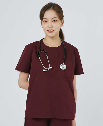 S201W-4 여성 쿨스판 크루넥 베이직 스크럽 버건디