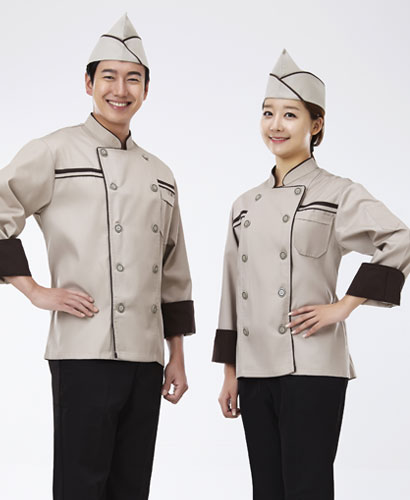 SCO-012 갈색 띠 베이지 조리복 (칠부,긴팔 겸용)