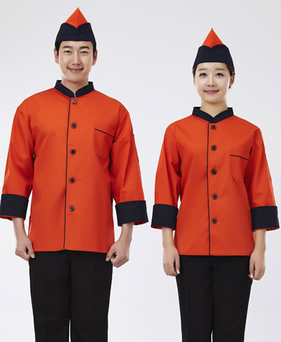 SCO-023 검정 배색 주황색 조리복 (칠부,긴팔 겸용)