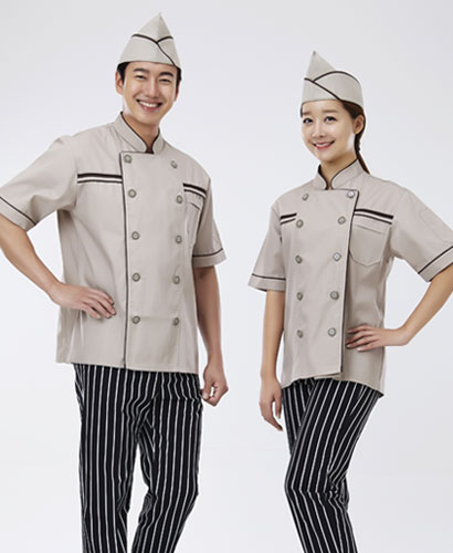 SCO-58 갈색 띠 베이지 반팔 조리복